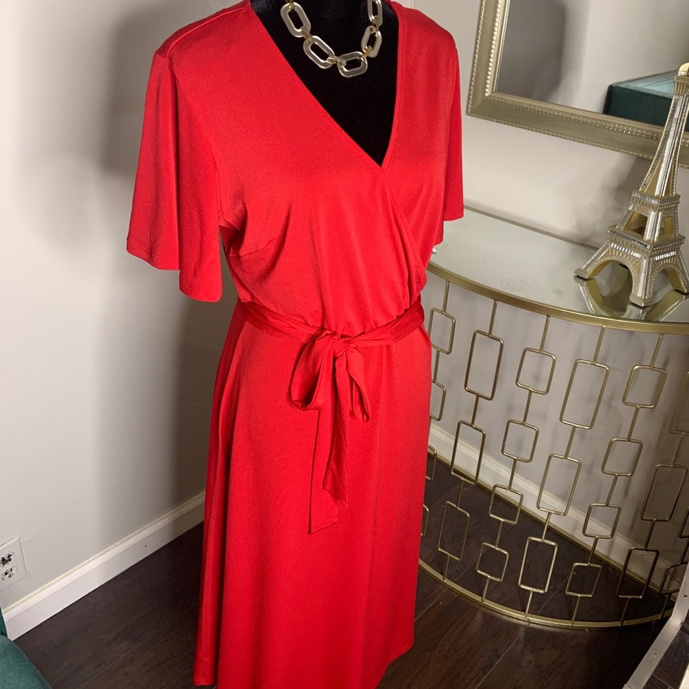 bell sleeve faux wrap dress